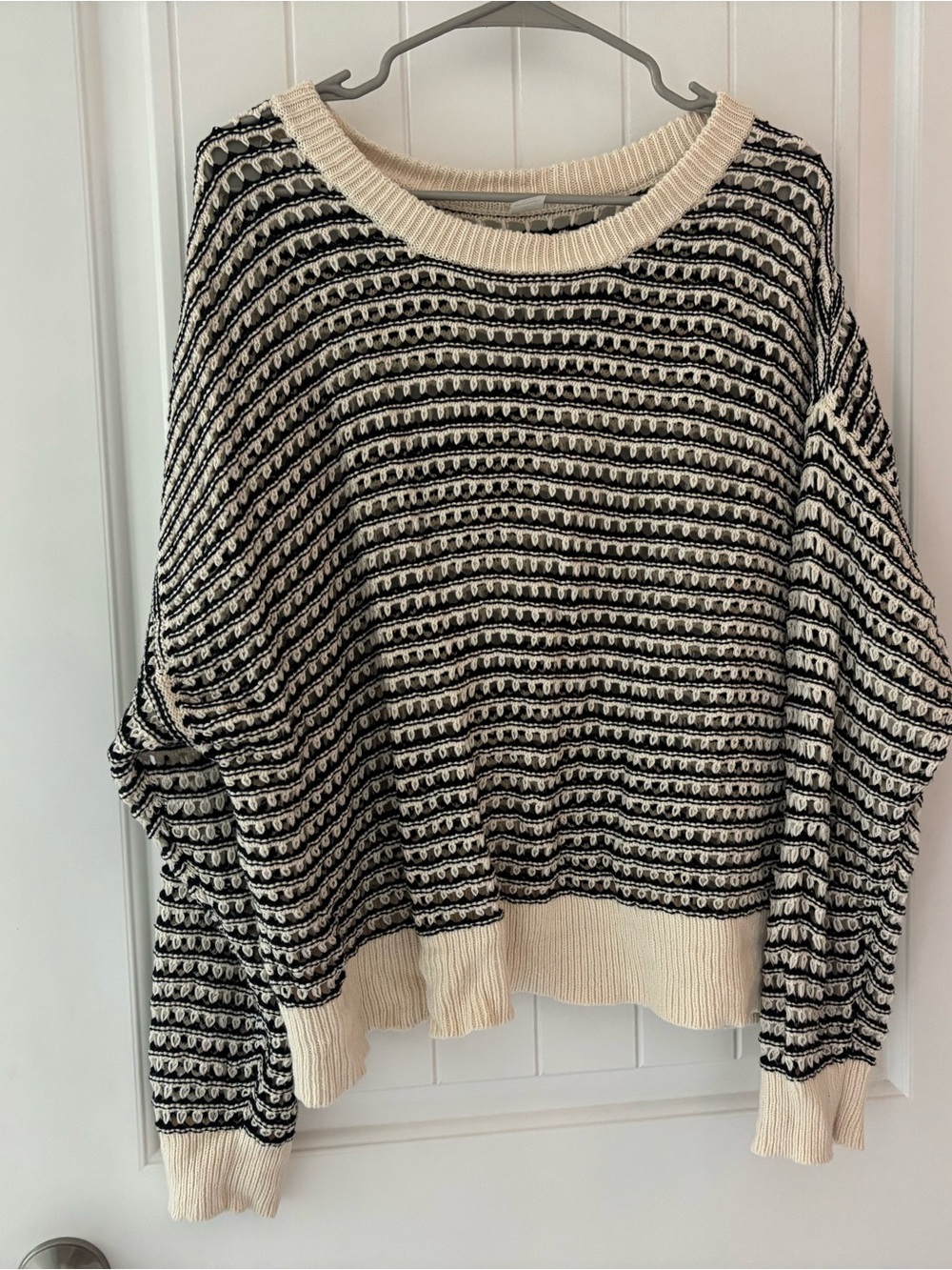 Old Navy Cream and Black Striped Women's Open Knit Sweater XL